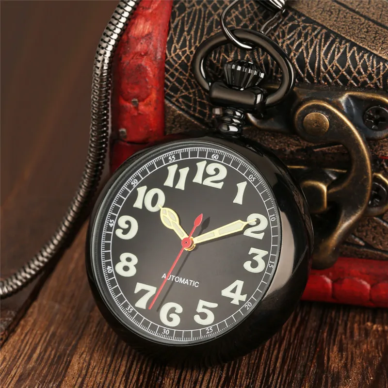 Steampunk Clock Men Women Automatic Mechanical Pocket Watch Luminous Arabic Number Display with Pendant Fob Chain Clock Gift