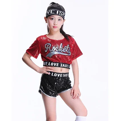 New Children's Jazz Dance Modern Cheerleading Costumes Hip Hop Boy Girls Crop Top And Pants Sequins Performance Clothing Set