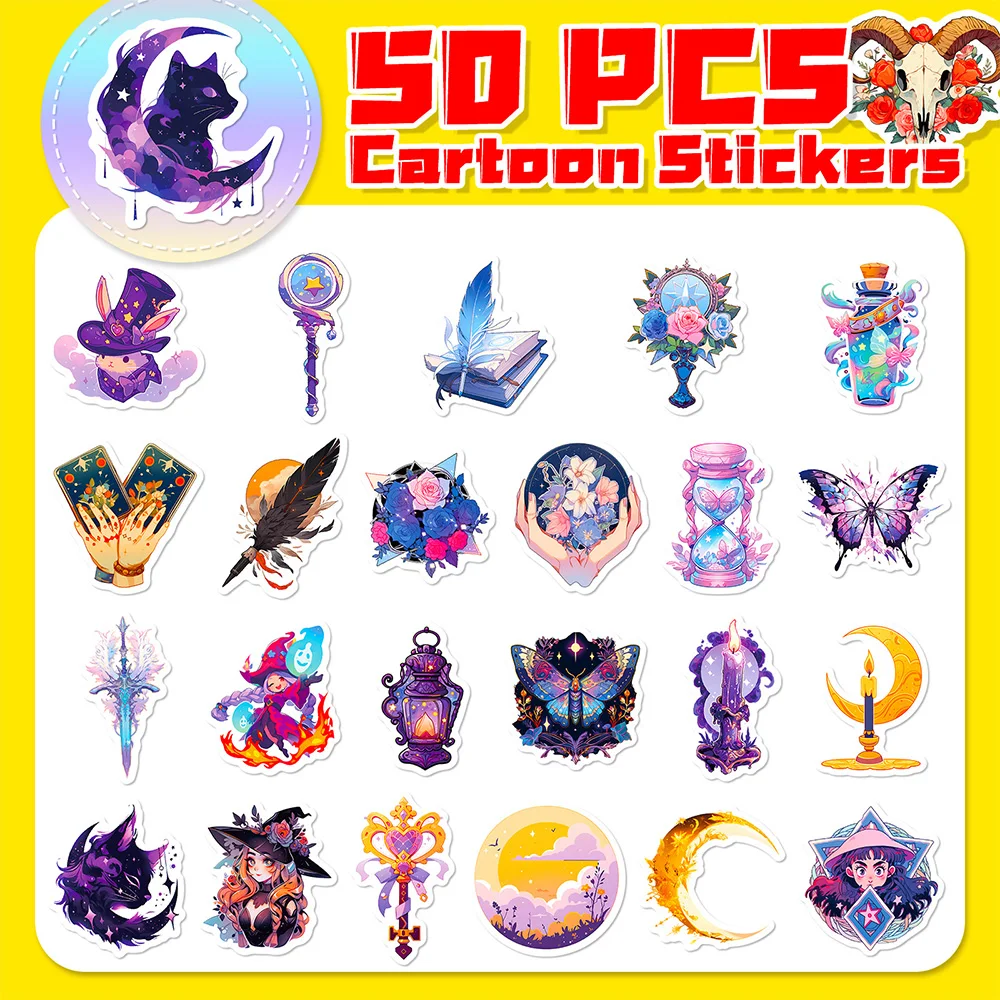 10/30/50pcs Purple Magic Witch Graffiti Stickers Kids Toys Cartoon Decals Laptop Phone Scrapbook Suitcase Car Decoration Sticker