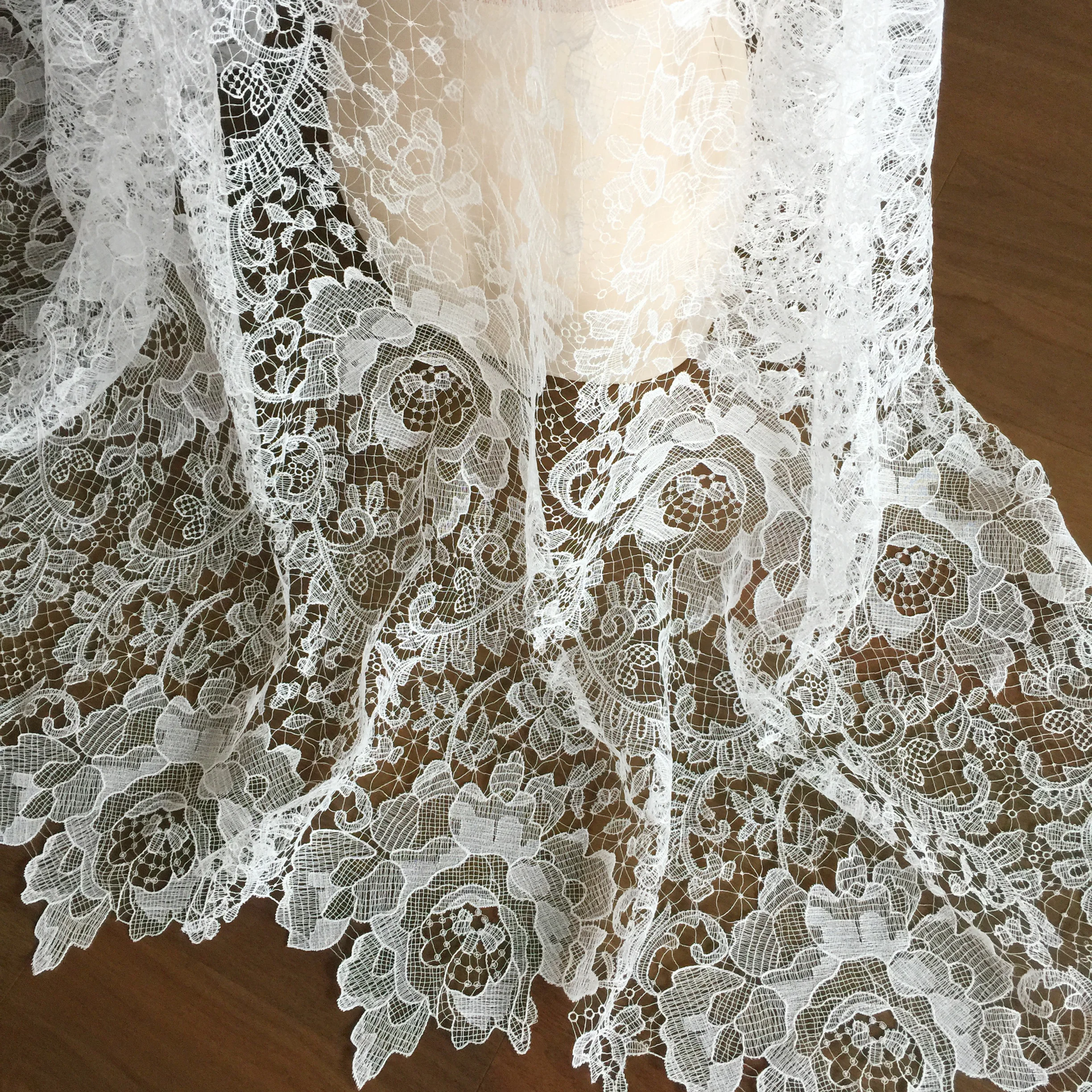 1 Yard Ivory Exquisite Alencon Lace Fabric with Crochet Pattern Floral Emrboidery Fabric for Wedding Gown, Lace Caps 3
