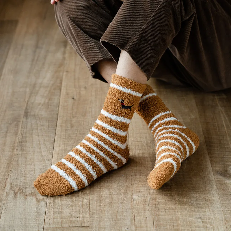 5 pairs Men Socks Coral Fleece Fluffy Winter Warm Thicken Striped Dog Embroidery Thermal Sleep Socks Soft Man Fluffy Home Floor