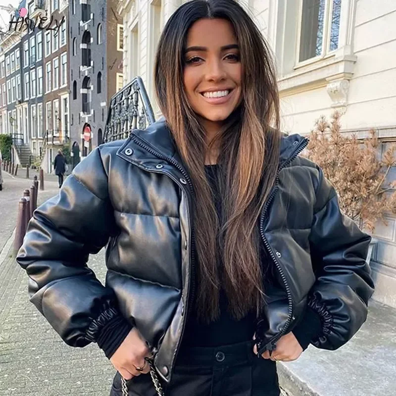 

RYFIX 2023 Winter Thick Warm Short Parkas Women Fashion Black PU Leather Coats Women Elegant Zipper Cotton Female Ladies Jackets