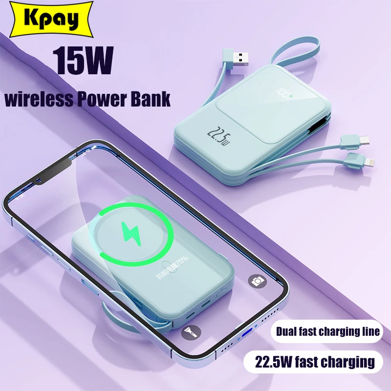 

10000mAh Macsafe Power Bank Built-in Cable Magnetic Wireless 15W Powerbank For iphone Xiaomi Portable External Auxiliary Battery