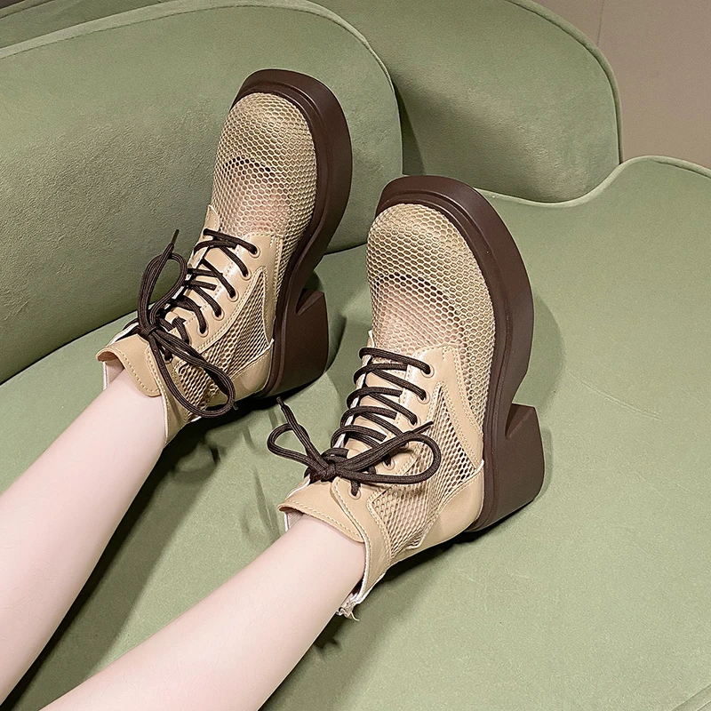 Aphixta 7cm Square Heel Breathable Mesh Ankle Boots Women Platform Lace Up Zip Close Summer Boots Platform Shoes Woman Boats
