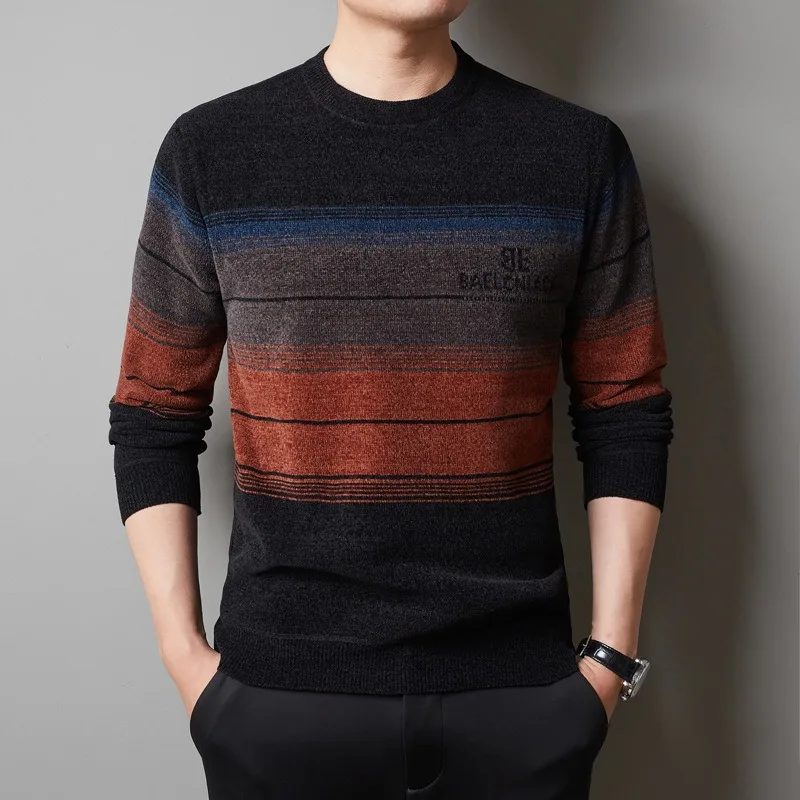 2023 Autumn and Winter New Men's Sweater Contrast Stripe Pullover with Plush and Thickened Chenille Round Neck Sweater Knit Top