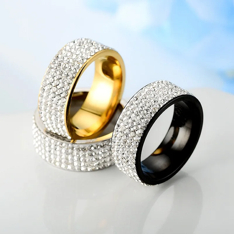 Womens Ring 8mm Vintage Retro Style Steel Ring For Women 5 Row Clear Crystal Jewelry Fashion Stainless Steel Engagement Wedding