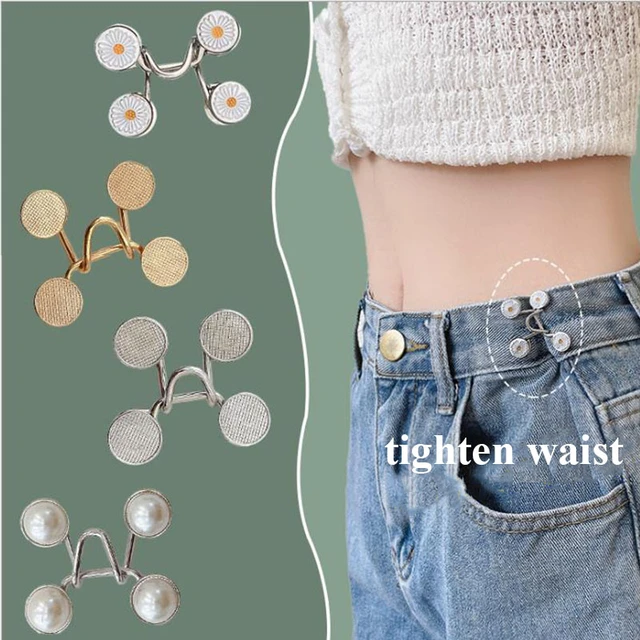 DUNBRI 5 Sets Tighten Waist Buckle Alloy Brooches Pins Clip Pearl Flower  Jeans Adjustable Snap Button Detachable Clothing Pins (Gold)