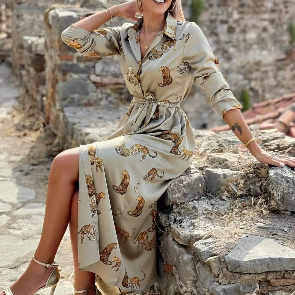 

Luxury Satin Women Maxi Dress High-end Long Sleeve Gold Leopard Print Waist Tied Lady Beach Dress Autumn Evening Dresses vestido