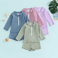 Long Sleeve Kids Boys Girls Swimwear Bikini Set Solid Color Front Zipper Toddler Swimsuit + Swim Shorts Infant Beach Wear 2