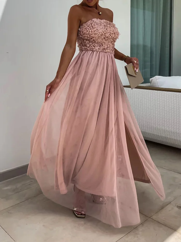 

Strapless Fashion Patchwork Sweet Maxi Dress, 2024 Women Summer Sleeveless Solid Elegant Party Dress, Backless Ladies Slit Dress