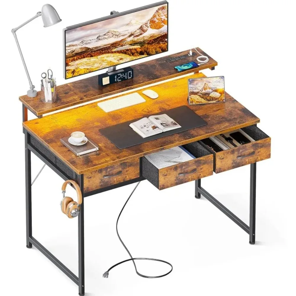 

40 Inch Small Computer Desk with 3 Drawer and USB Charging Port & Power Outlet, Office Desk with LED Light, Home Office Desk