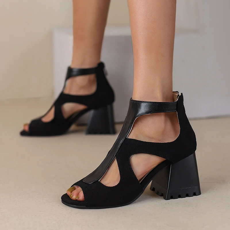 

Plus Size Leopard Print Flock Cut-Out Women's Sandals With Back Zipper Tapered Thick Heel Denim Panel Sexy Open-Toe Sandals