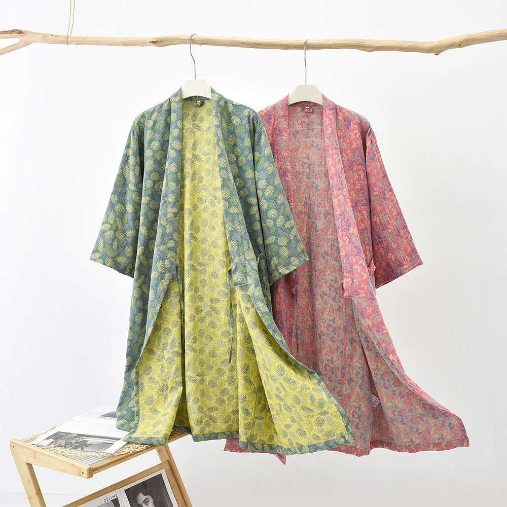 Japanese Women Cotton Yukata Kimono Robe, Summer Double Gauze Bathrobe, Thin Spa Sauna Pajamas, Breathable Belted Homewear
