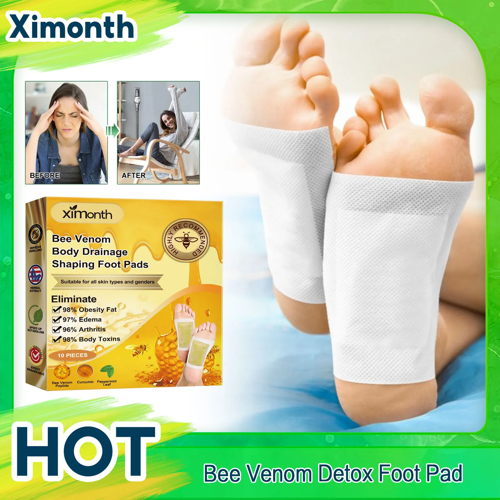 Natural Herbal Foot Pads Foot Pads Bee Venom Foot Patch Lymphatic Drainage Detox Anti Edema Relieve Stress Improve Sleeping Toxins Cleansing Body Shaping Foot Pads