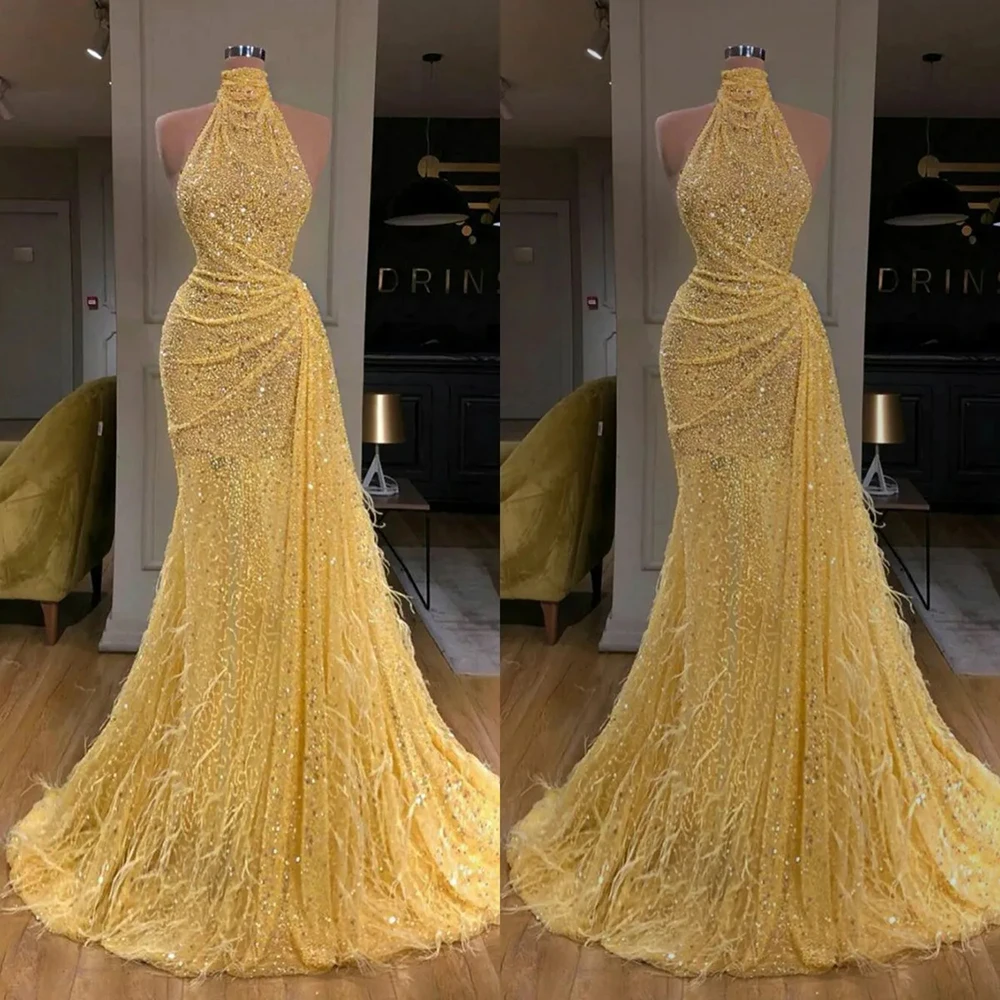 

KSDN Yellow Evening Dress Sleeveless Halter Sequined Beading Sweep Train Feathers Pleated Formal Party Luxury Gown Elegant Women