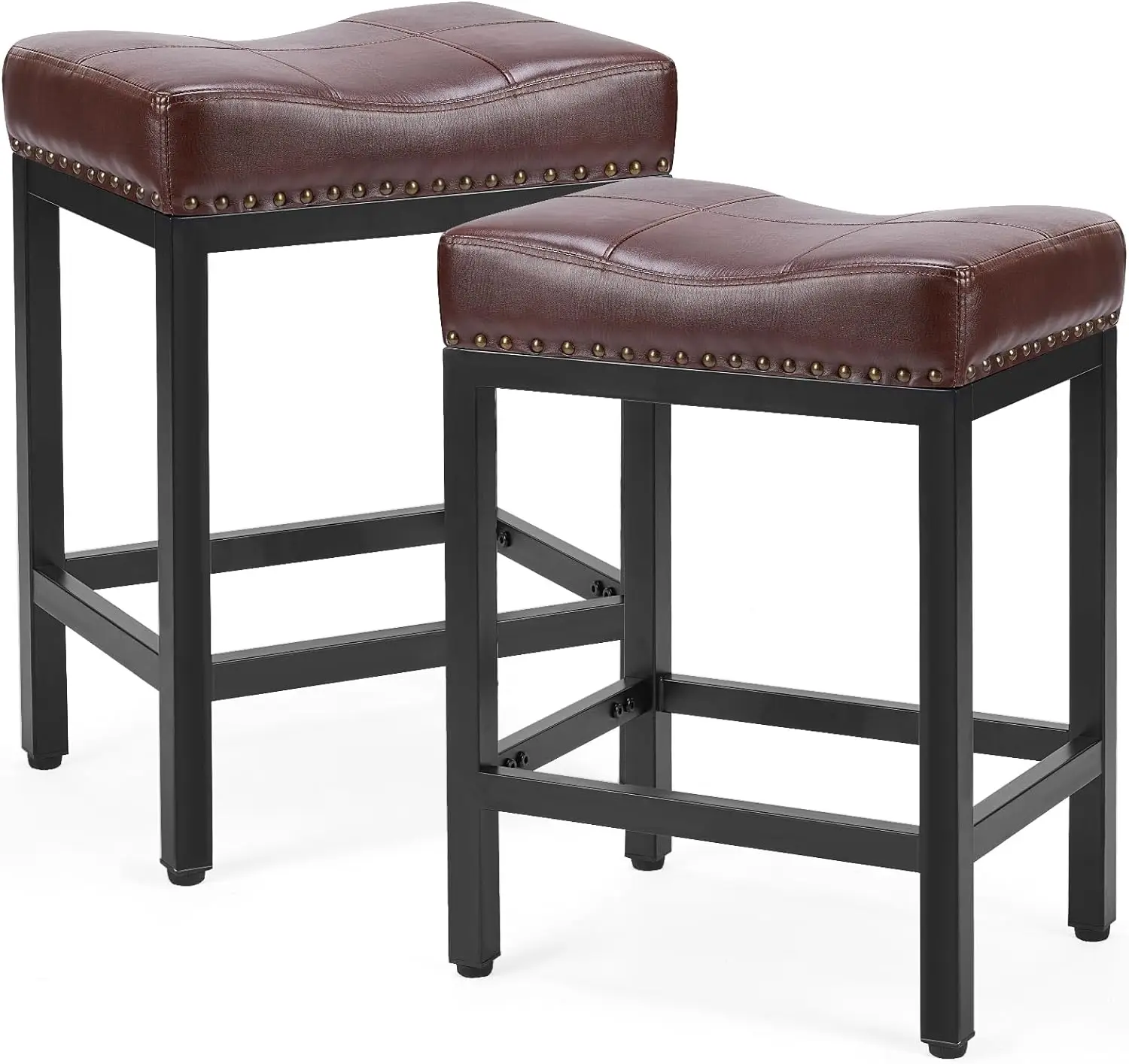 

24" Counter Height Bar Chairs Upholstered Brown Set of 2 Saddle Stools