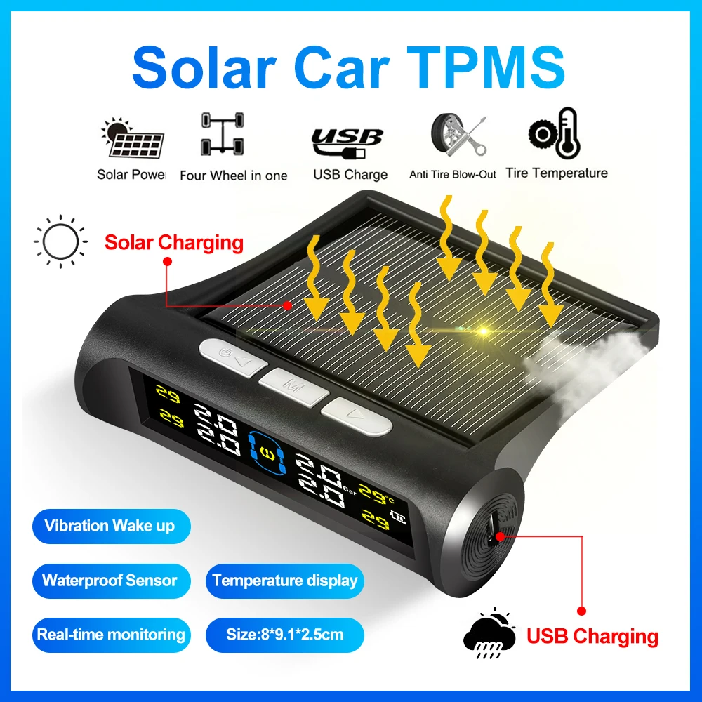 Electronic Car Tyre Pressure Monitoring System Solar Power Digital TPMS Display Auto Tyre Pressure Security Alarm Device