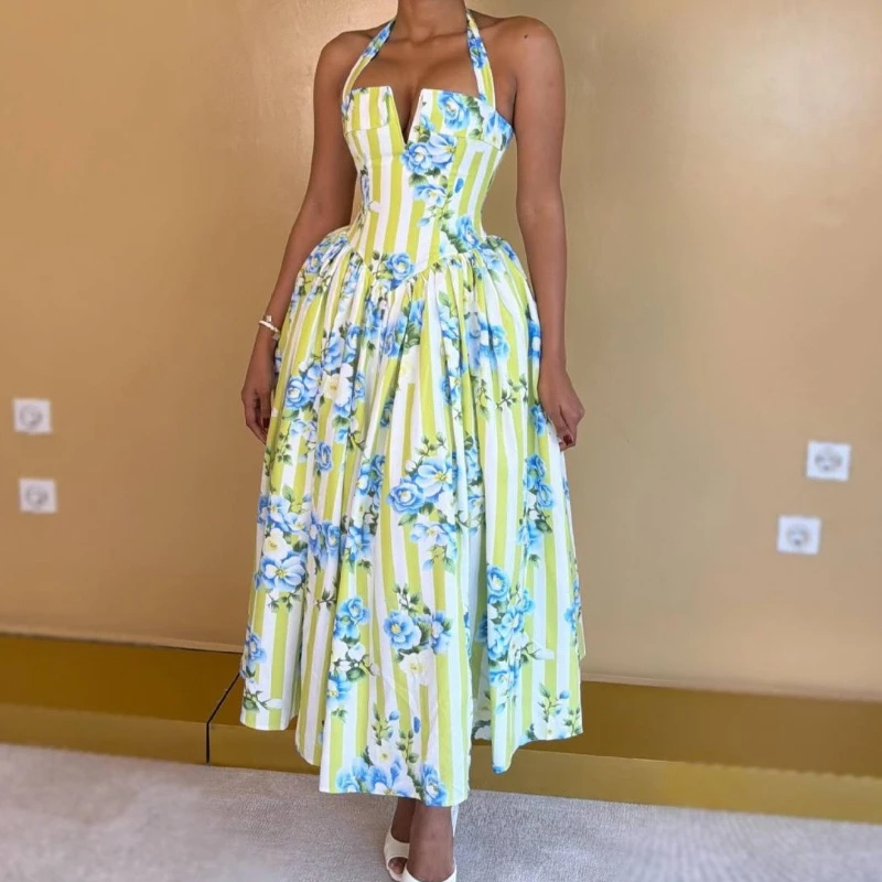 Sweet Printed Tie Neck Maxi Dress V Neck Slim Waist Cinched Flowy Maxi Dress 2026 Summer European Women Beach Vacation Dress