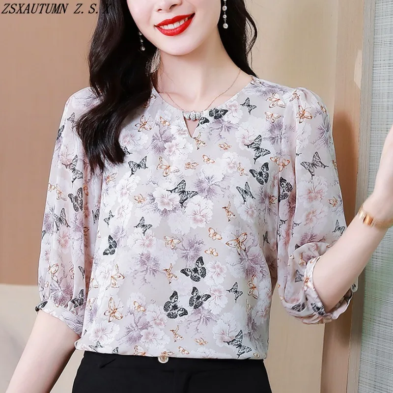 

Fashionable Floral Chiffon Shirt for Women's All Match Summer New Elegant Fashion Female Blouse Simple Baggy Casual Printed Tops