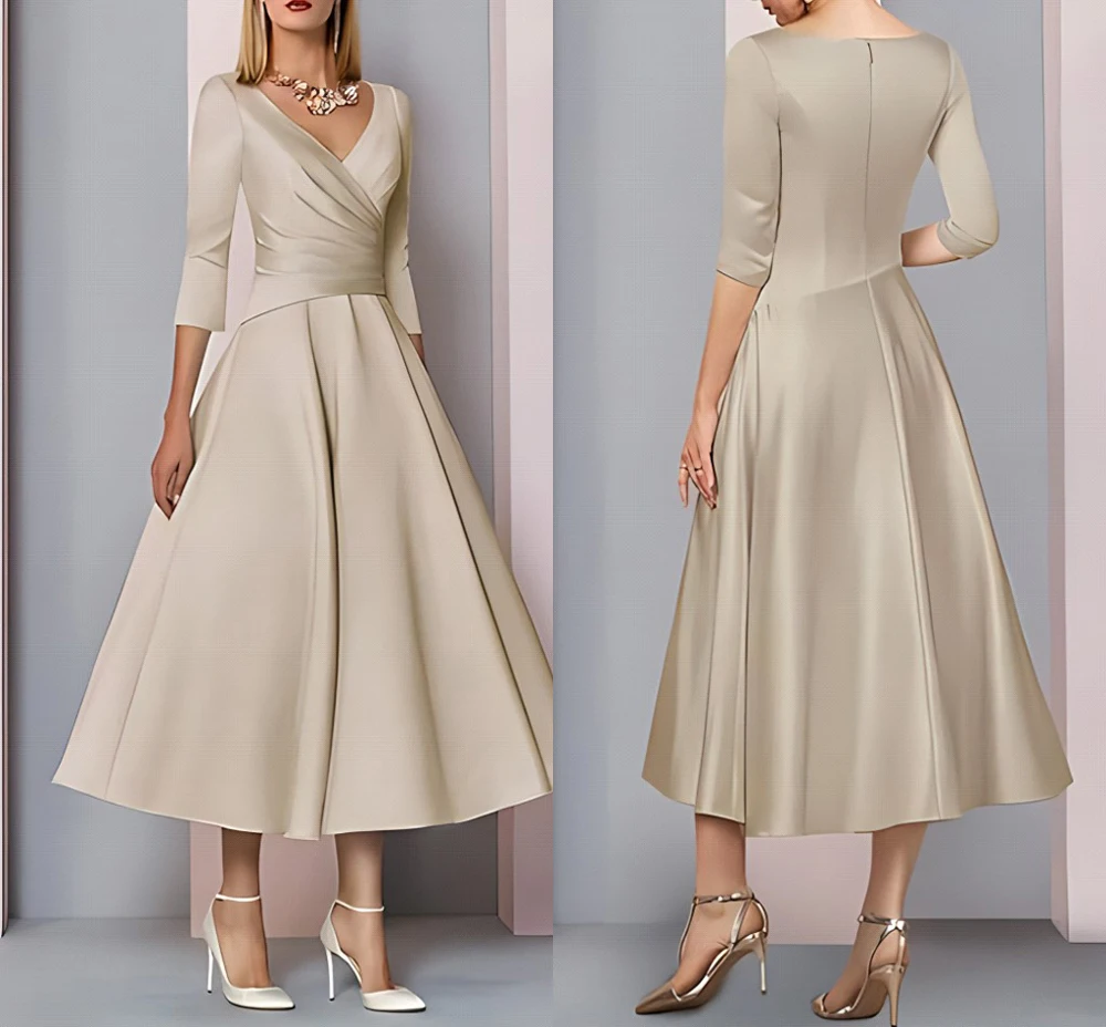 Elegant A Line Satin Mother Of The Bride Dresses V Neck Ruched Pleat Formal Evening 3/4 Sleeve Ankle Length Wedding Guest Gown mother bride dresses
