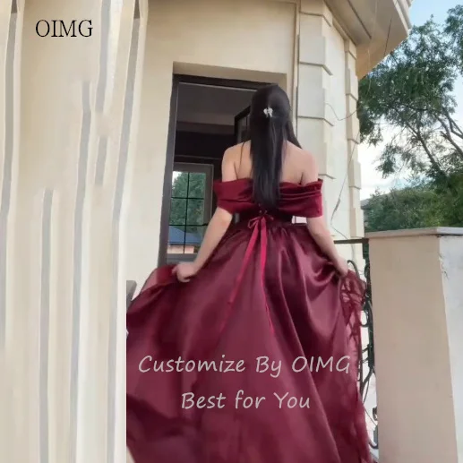 OIMG Elegant Burgundy Off The Shoulder Asymmetry Prom Gowns - Fabric Detail 2