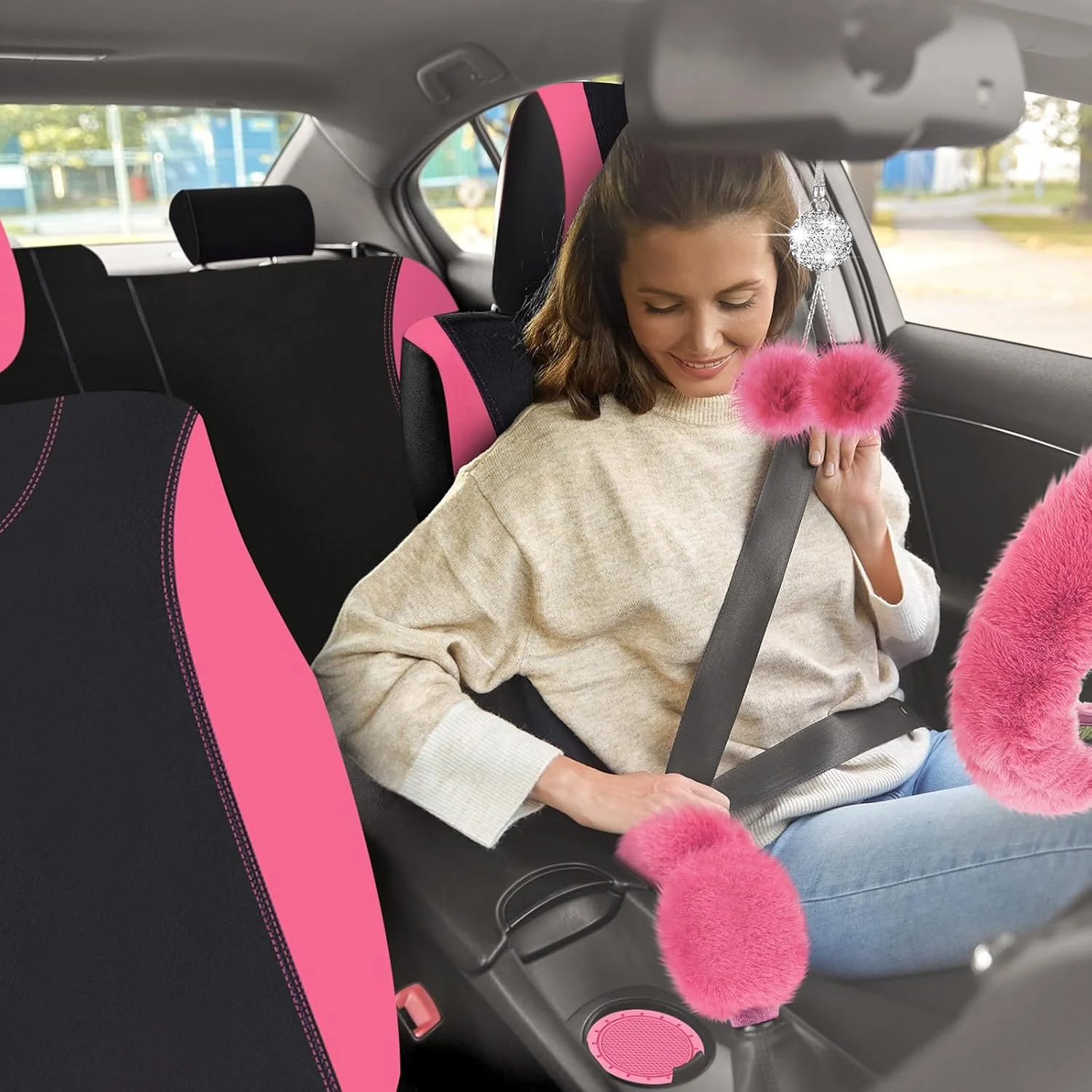 47-Piece Universal Fluffy Car Seat Cover Full Set with Steering Wheel & Seat Belt Covers – Complete Car Interior Accessory Kit 3