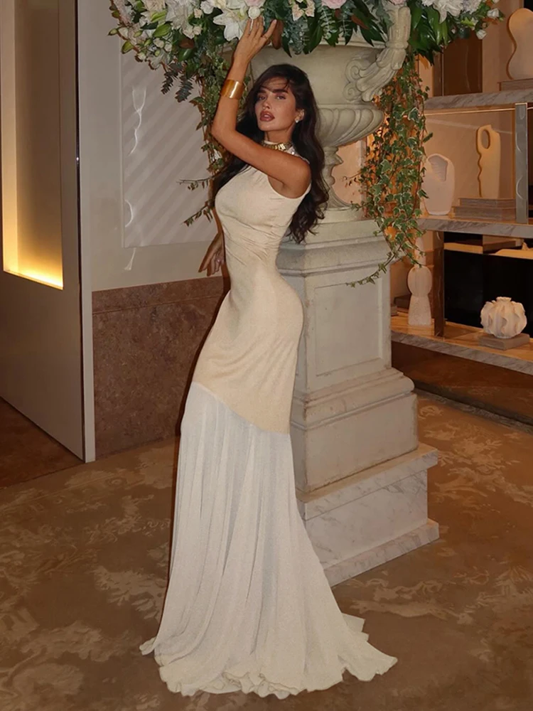 Nibber Patchwork Mesh Maxi Dress Women o-Neck Sleeveless Folds Skinny Elegant Banquet Fashion Vacation Classic Chic Vestidos