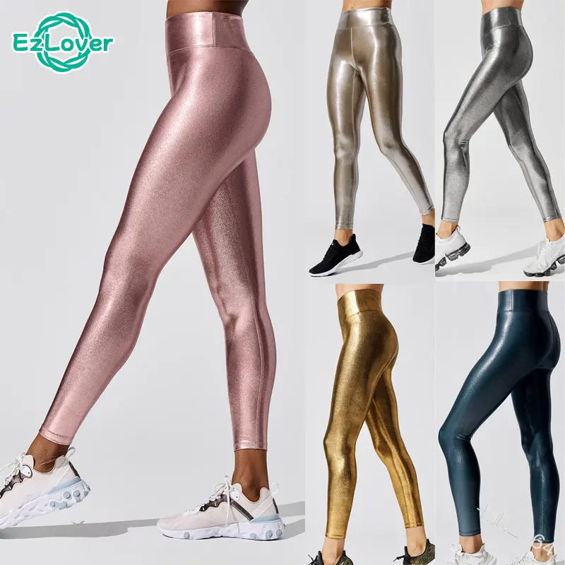 

Sexy Shiny Glossy Leggings Glitter High Waist Tight Fitness Scrunch Butt Lift Leggins Solid Color Women Fashion Bronzing Pants