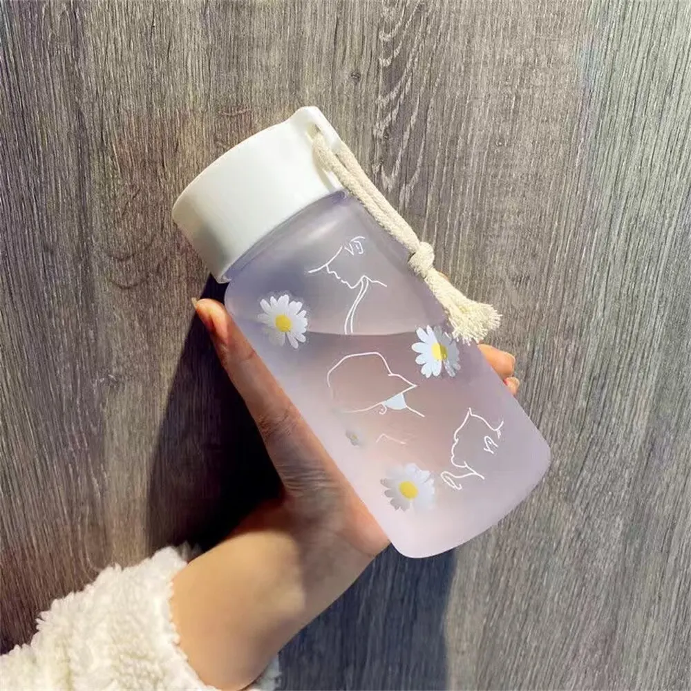 H2O Frosted Transparent Water Bottles Plastic Cup Sports Lovers Cup Fashion  Stick Rope Cup Flower Cups