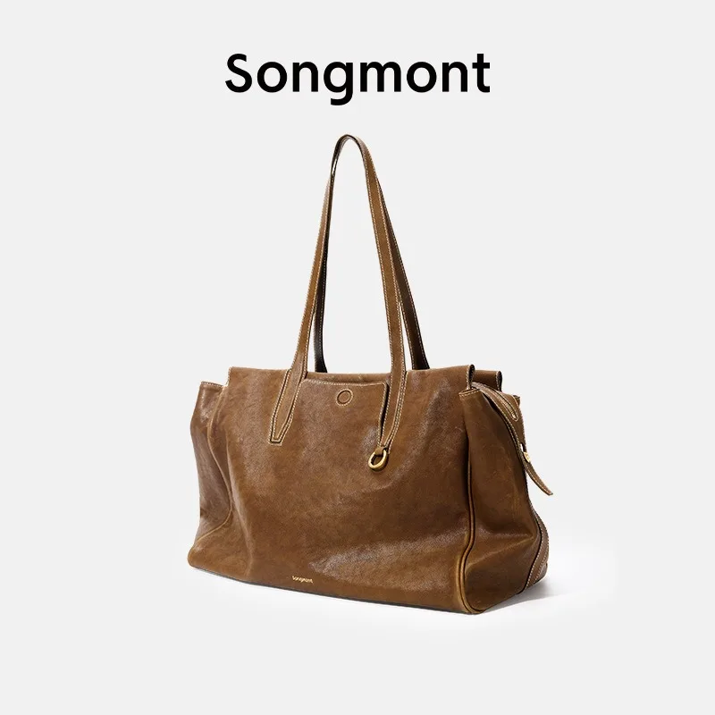 Songmont 2024 여성용 싱글 숄더백, 야채 무두질 가죽 서류 가방, 소가죽 패션 레저 핸드백, 여행 가방, 신제품