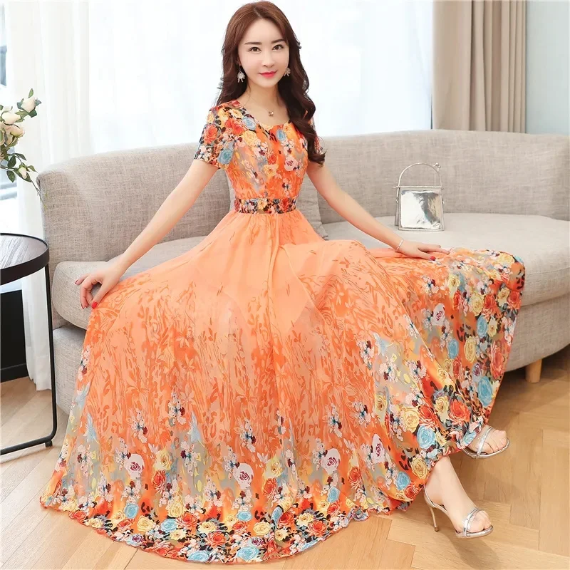 

2022 New Western Style Printed Chiffon Dress Temperament Is Thin Age-Reducing Mid-Length Skirt Waist Gentle Beach Dress Women