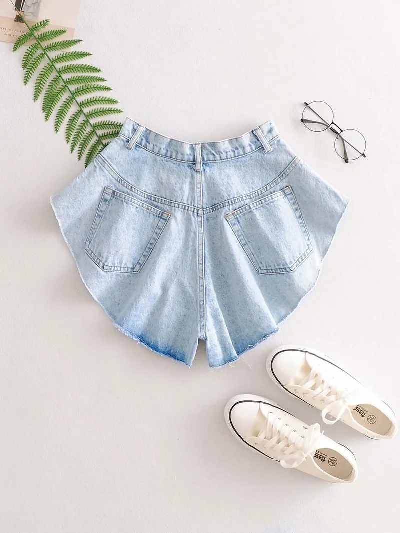 High Waist Ruffle Hem All-Match Loose Ruched Shorts Female New Fashion Clothing Tide 2023 Summer Casual Blue Denim Shorts Skirts
