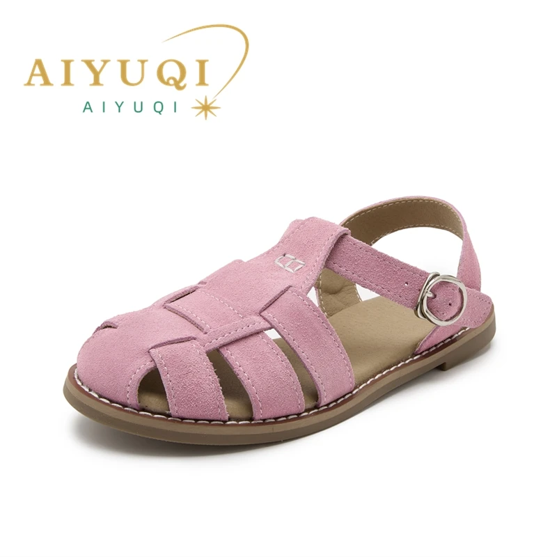 AIYUQI Flat-soled Retro Genuine Leather Hollow Baotou Sandals Women's 2025 New Hollow Pig Cage Women's Sandals 3