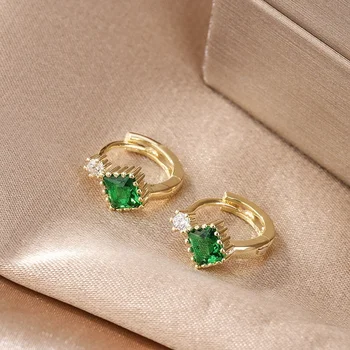 Multicolor Zircon Green Crystal Square Stone Tiny Hoop Earrings For Women Trendy Gold Color Ear Buckle Wedding Valentine Jewelry