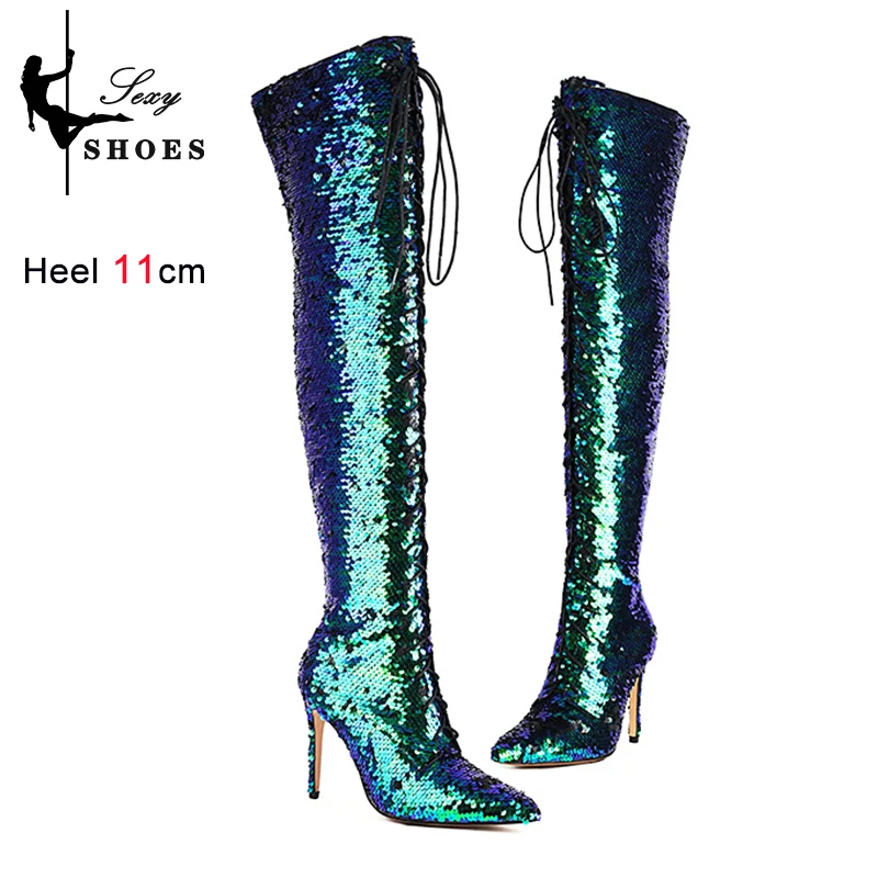 Over The Knee Glitter Boots For Women Autumn Winter Warm Party Shoes Sequins Pointed Toe Stiletto Heels Night Club Female Boots
