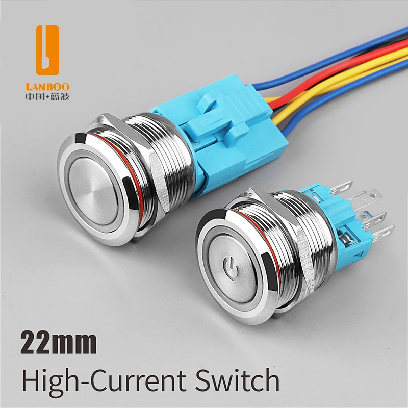 Lanboo 22Mm Vergrendeling Momentary Metalen Drukknop Led Licht 12V 24V