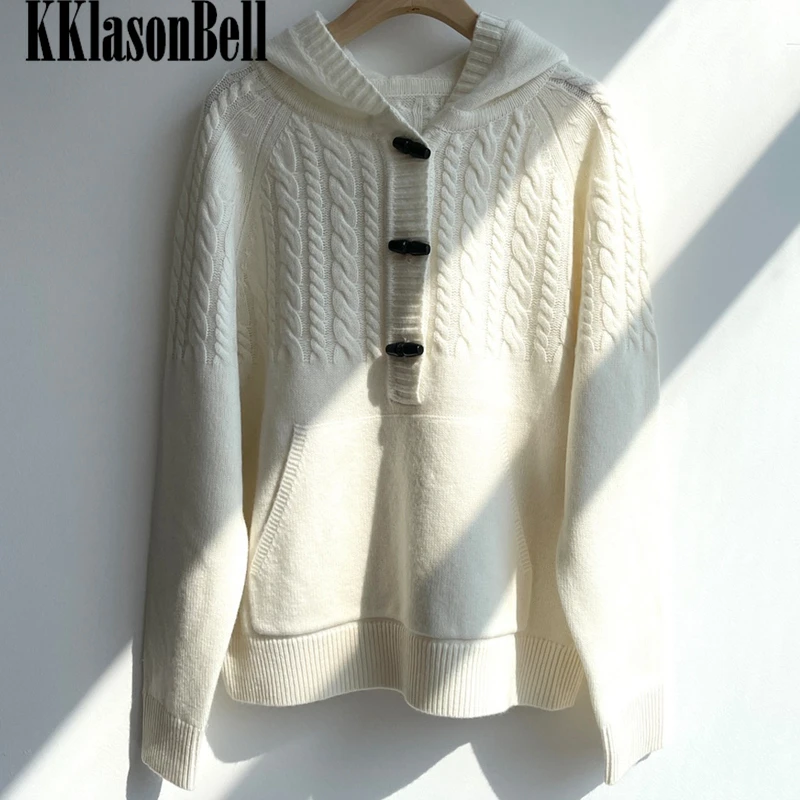 

12.9 KKlasonBell 100% Cashmere Hooded Sweater Horn Button Long Sleeve Loose Twist Knitted Pullover Women