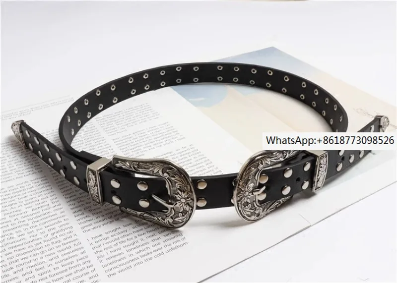 

European and American retro carved double head double button belt with rivet decoration Western denim style versatile