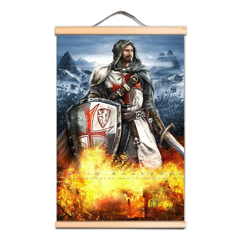 

Ancient Christ Warrior Wall Posters Vintage Knights Templar Canvas Art Print Scroll Painting with Solid Wood Axis for Home Decor