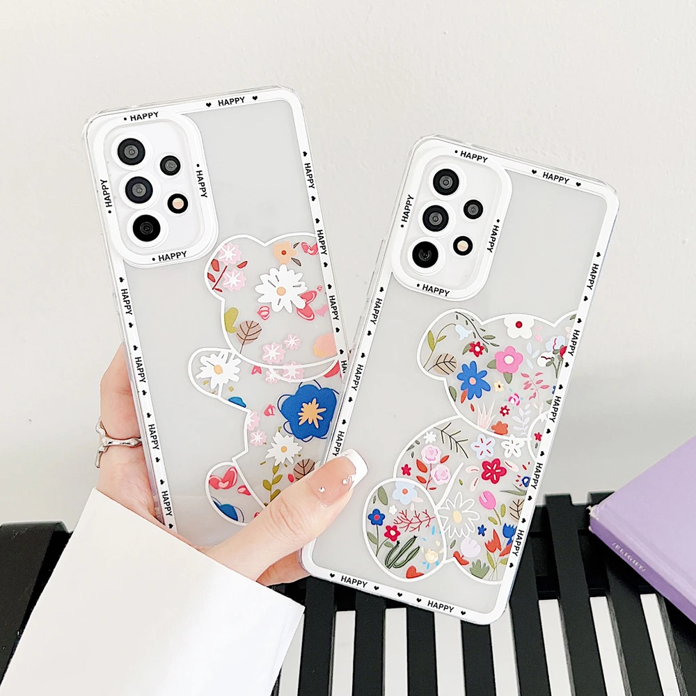 Cute Bear Flower Phone Case For Samsung Galaxy S23 S22 Ultra S21 FE S20 Plus  A53 A23 A32 A13 A52 A33 A72 5G Note 20 Soft Cover