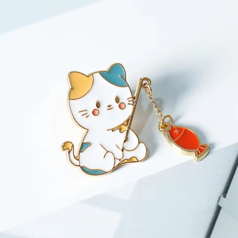 New Fashion Creative Cat Fishing Design Metal Brooch Cartoon Cute Animal Badge Pin Best Friend Gift Anime Pins Backpack Pins