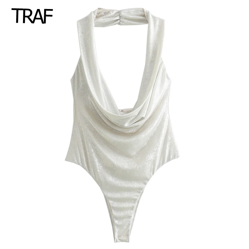 

TRAF White Bodysuit Women Halter Neck Sleeveless Bodysuit Summer Sexy Lingerie Bodysuit Swinging Collar Bodycon Body Suit 2024