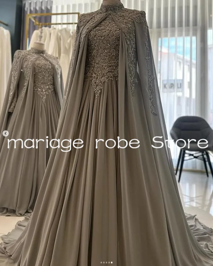 Muslim Caftan Prom Dresses with Cape Sleeve Embroidery Lace Kaftan Evening Gown