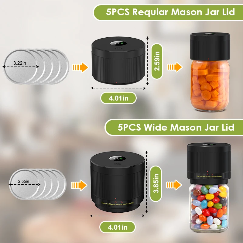 Wancle Electric Mason Jar Vacuum Sealer LCD Digital Display Cordless Vacuum Sealer Kit for Wide and Regular Mouth Mason Jars 4