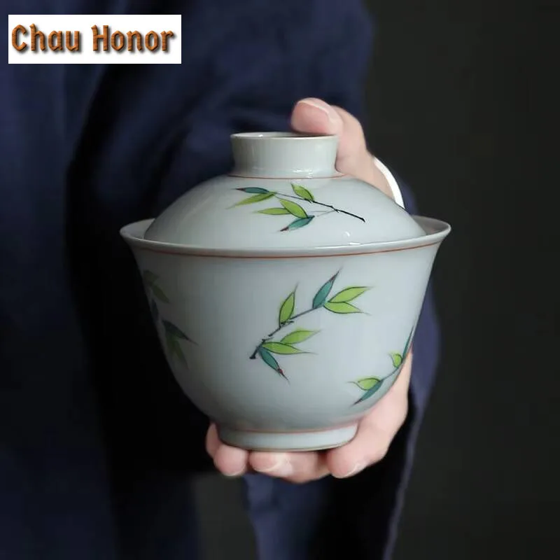 150ml Japanese Underglaze Color Hand-painted Bamboo Painting Tea Bowl Ceramic Cover Bowl Kungfu Teaset Customized Gift Tea Maker