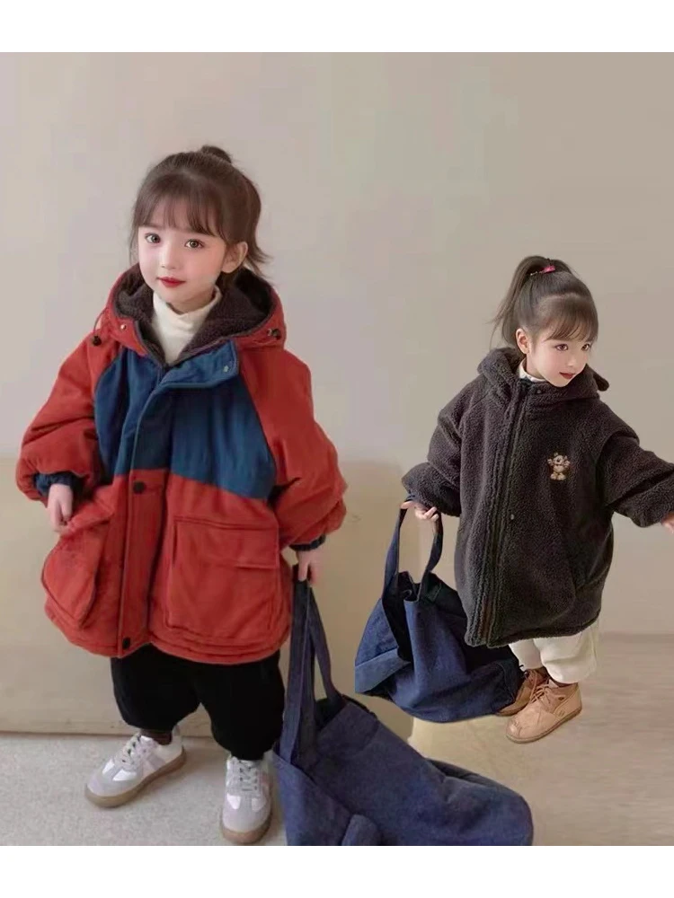 

Boys And Girls Winter Down Jacket, Children's Plush And Thick Hooded Cotton Jacket Long Padding Children's Coat Parkas Outerwear