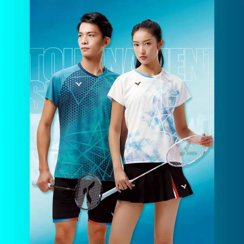 

New men's and women's badminton T-shirt quick-drying material breathable V-neck half-sleeve tennis training T-shirt