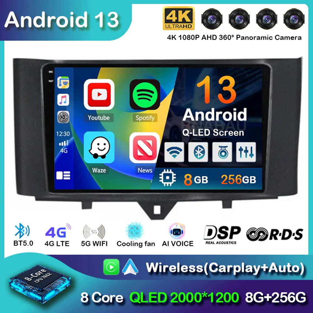 

Android 13 Carplay автомобильный Raido для Mercedes Benz Smart Fortwo 451 2010-2015 мультимедийный видеоплеер Авторадио GPS 4G стерео