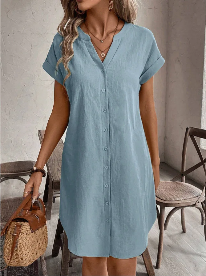 Women Casual Blouse Dress Simple V Neck Button Linen Dress Pockets Loose Large Size Shirt Dress Plus Size Womens Dresses 5