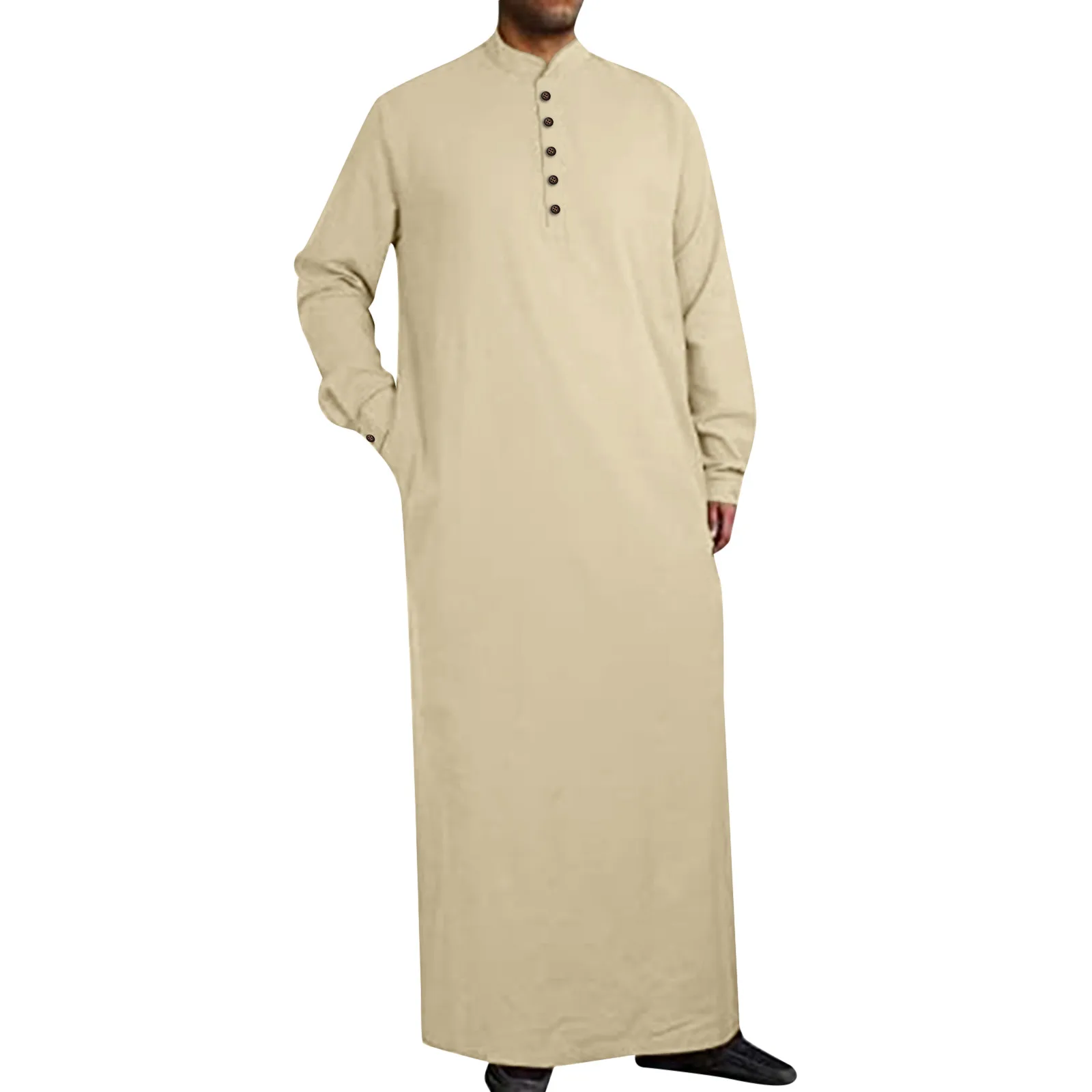 Mens Middle Arabic Style Simple Long Mens Button Muslim Robe Long Sleeve Robe Side Slit Robe Button Pocket Robe